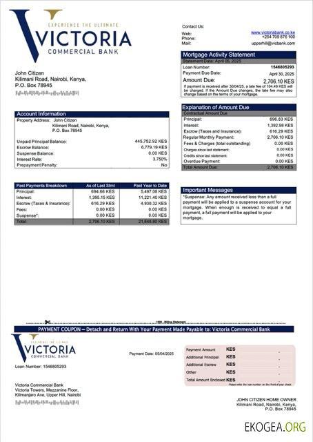 Modèle Word et PDF de relevé hypothécaire de la Kenya Victoria Commercial Bank